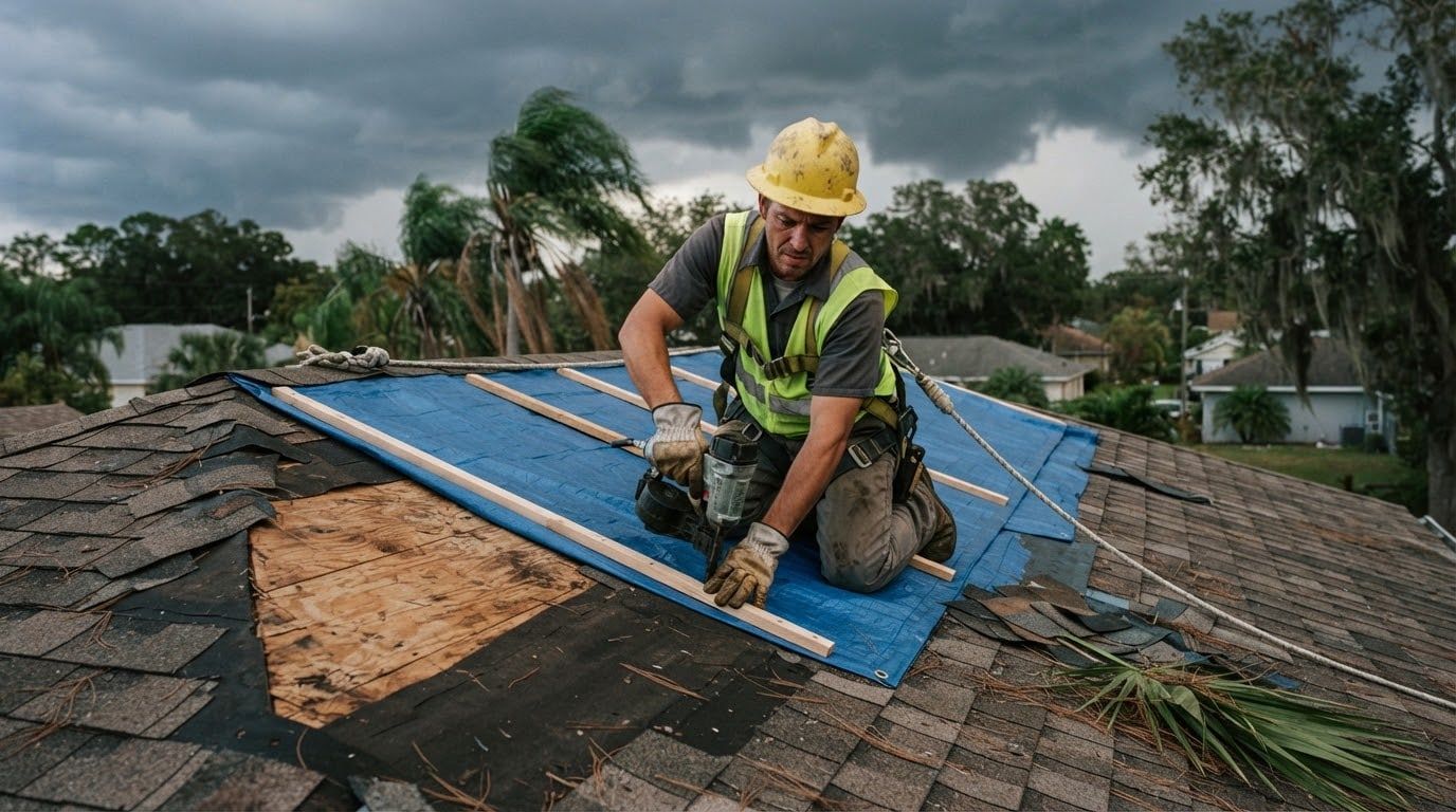 Worker in a hard hat nailing a blue tarp over storm-damaged shingles under dark clouds