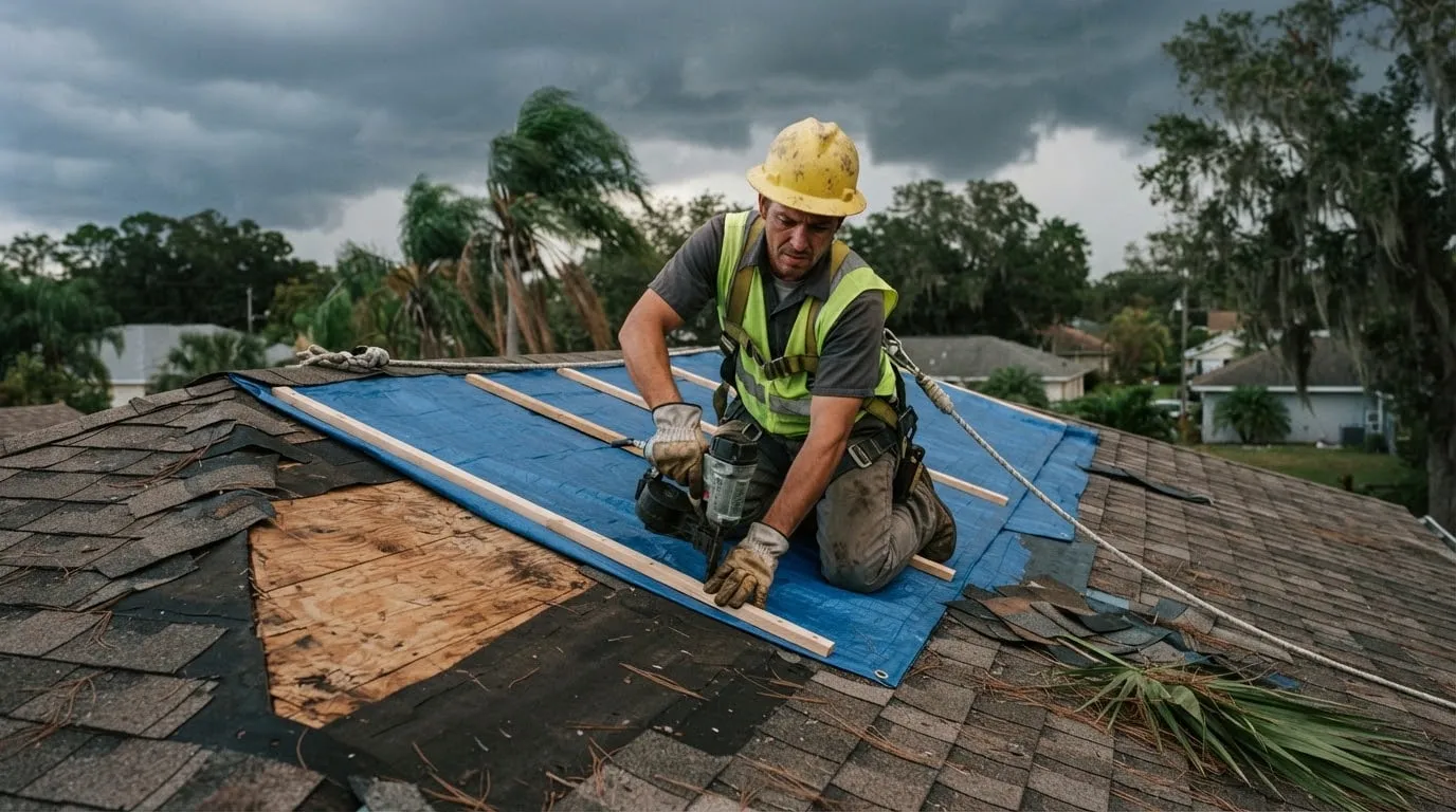 Worker in a hard hat nailing a blue tarp over storm-damaged shingles under dark clouds