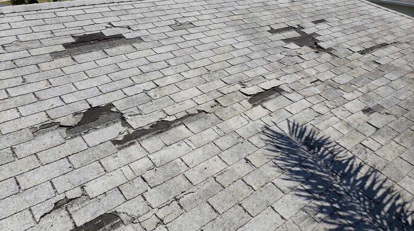 Old gray three-tab shingle roof with cracked, torn and missing tabs across the slope
